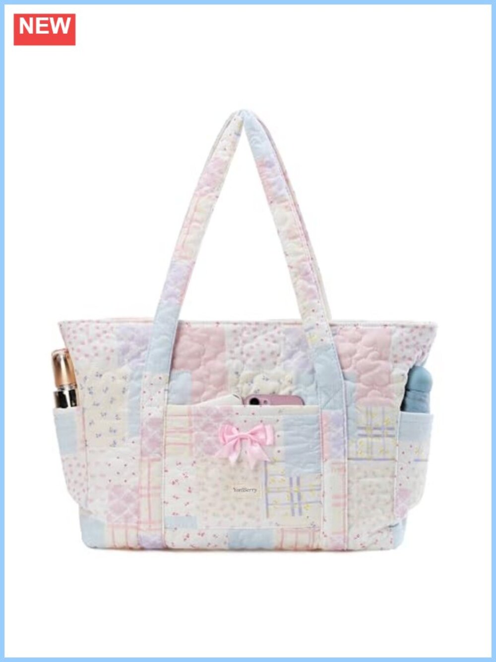 Quilted Floral Tote Bag with Zipper Cotton Patchwork Shoulder Bag